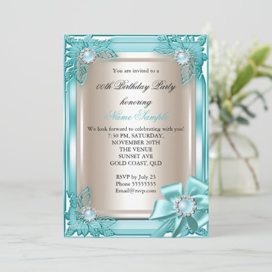 エリートエレガントバースデーパーティーティール（緑がかった色）クリームボウ3 招待状 (スタンド正面)