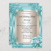 エリートエレガントバースデーパーティーティール(緑がかった色)クリームボウ3 招待状 (正面/裏面)