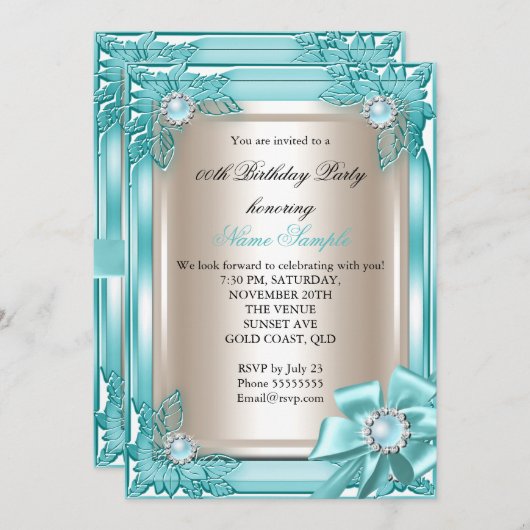 エリートエレガントバースデーパーティーティール(緑がかった色)クリームボウ3 招待状 (正面/裏面)