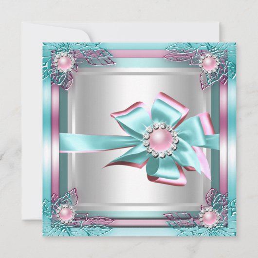 エリートエレガントバースデーパーティーティール（緑がかった色）ピンクシルバー2 招待状 (裏面)