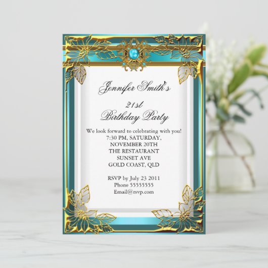 エリートエレガントバースデーパーティーティール（緑がかった色）ブルー金ゴールドホワイト 招待状 (スタンド正面)