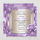 エリートエレガントバースデーパーティーパープルクリームボウ 招待状 (正面/裏面)