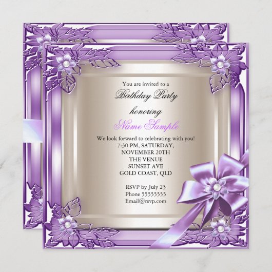 エリートエレガントバースデーパーティーパープルクリームボウ 招待状 (正面/裏面)