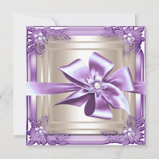 エリートエレガントバースデーパーティーパープルクリームボウ 招待状 (裏面)