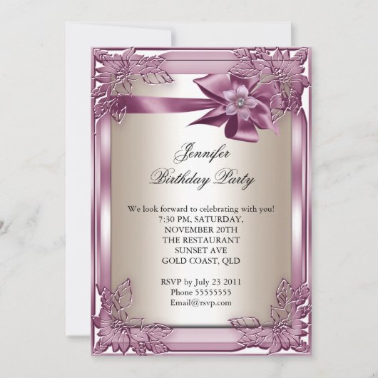 エリートエレガントバースデーパーティーピンククリーム 招待状 (正面)