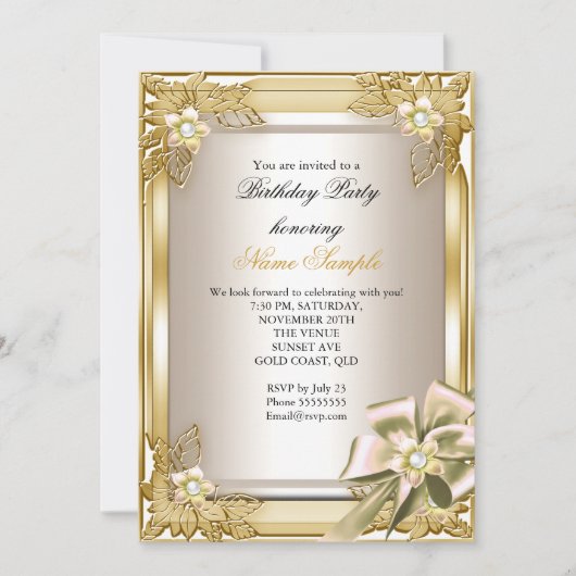 エリートエレガントバースデーパーティー金ゴールドクリームボウL 招待状 (正面)