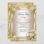 エリートエレガントバースデーパーティー金ゴールドクリームボウL 招待状 (正面/裏面)