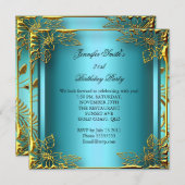 エリートエレガント誕生日ティール(緑がかった色)金ゴールドブラックダマスク 招待状 (正面/裏面)
