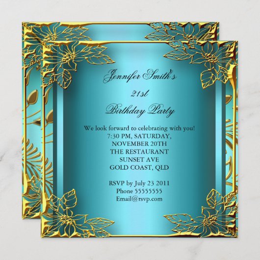 エリートエレガント誕生日ティール（緑がかった色）金ゴールドブラックダマスク 招待状 (正面/裏面)