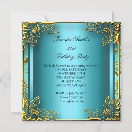 エリートエレガント誕生日ティール(緑がかった色)金ゴールドブラックダマスク 招待状 (正面)