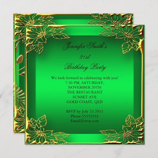 エリートエレガント誕生日ライム金ゴールドフローラダム 招待状 (正面/裏面)