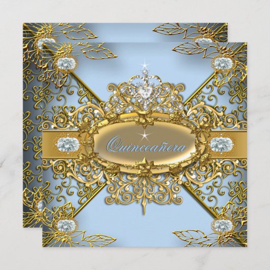 エリートキンセアニェラソフトブルー金ゴールドダマスク15th 招待状 (正面/裏面)