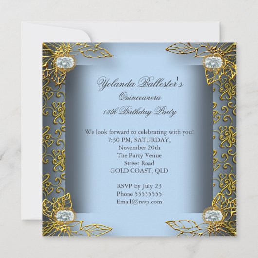 エリートキンセアニェラソフトブルー金ゴールドダマスク15th 招待状 (裏面)