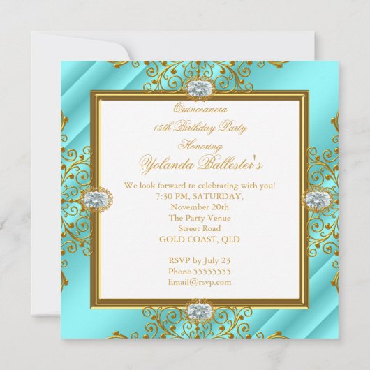 エリートキンセアニェラブルーティール（緑がかった色）シルバー金ゴールド15thパーティー 招待状 (裏面)