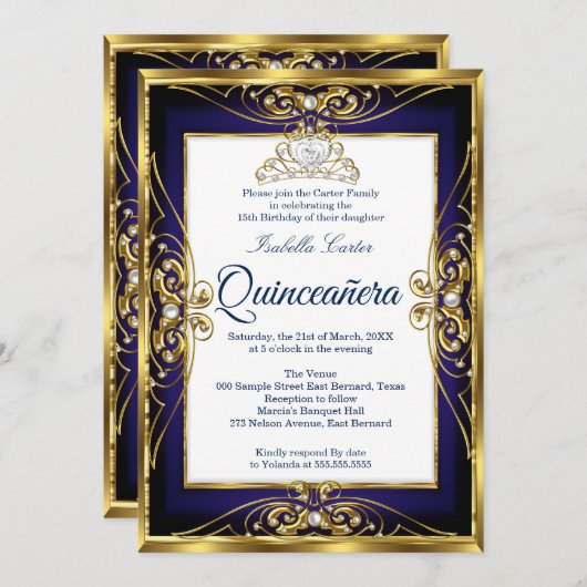 エリートキンセアニェラ第15金ゴールドネイビーブルーティアラ写真 招待状 (正面/裏面)