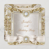 エリートクリーム金ゴールドダイヤモンドボウダマスクバースデーパーティー 招待状 (正面/裏面)