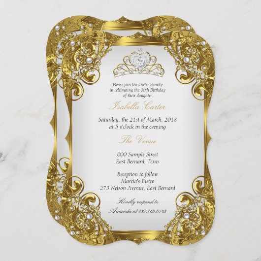 エリートゴールデンホワイトパールレースティアラバースデーパーティー 招待状 (正面/裏面)