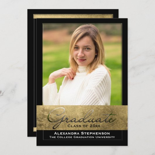 エリートゴールドフォイル切り出し効果写真卒業 招待状 (正面/裏面)