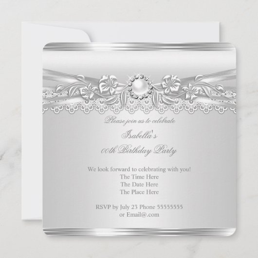 エリートシルバーホワイトパールレースフローラ誕生日 招待状 (裏面)