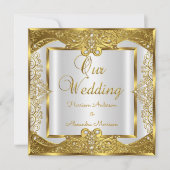 エリートズ結婚金ゴールドホワイトパールゴールデンフレーム 招待状 (正面)