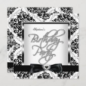 エリートダマスクシルバー白黒バースデーパーティー 招待状 (正面/裏面)