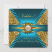 エリートダマスクティール(緑がかった色)ブルー金ゴールドフローラパーティー2 招待状 (正面)