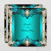 エリートティール（緑がかった色）クリームブラックパールバースデーパーティー2 招待状 (正面/裏面)