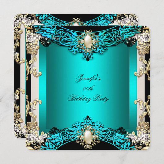 エリートティール（緑がかった色）クリームブラックパールバースデーパーティー2 招待状 (正面/裏面)