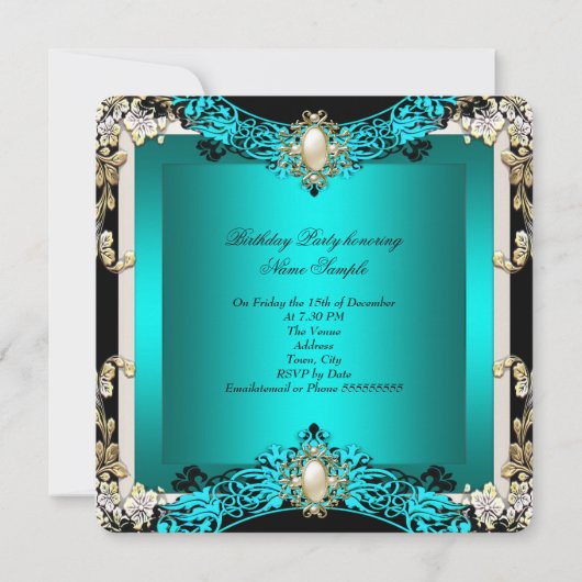 エリートティール（緑がかった色）クリームブラックパールバースデーパーティー2 招待状 (裏面)