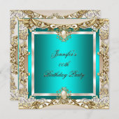 エリートティール(緑がかった色)クリーム金ゴールドパールバースデーパーティー 招待状 (正面/裏面)