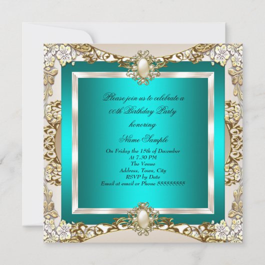 エリートティール（緑がかった色）クリーム金ゴールドパールバースデーパーティー 招待状 (裏面)