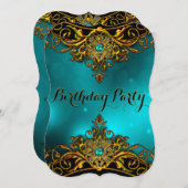 エリートティール(緑がかった色)ジェイド金ゴールドパールエレガントバースデーパーティー 招待状 (正面/裏面)