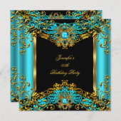 エリートティール(緑がかった色)ブルージェム金ゴールドブラックバースデーパーティー2 招待状 (正面/裏面)