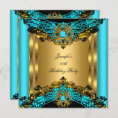 エリートティール(緑がかった色)ブルージェム金ゴールドブラックバースデーパーティー 招待状 (正面/裏面)