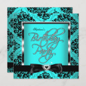エリートティール（緑がかった色）ブルーダマスクシルバーブラックバースデーパーティー 招待状 (正面/裏面)