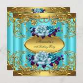 エリートティール（緑がかった色）ブルーバラ金ゴールド誕生日パーティー 招待状 (正面/裏面)