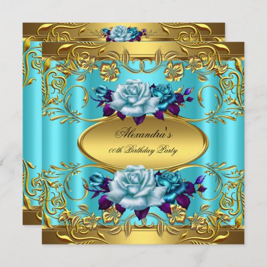 エリートティール（緑がかった色）ブルーバラ金ゴールド誕生日パーティー 招待状 (正面/裏面)