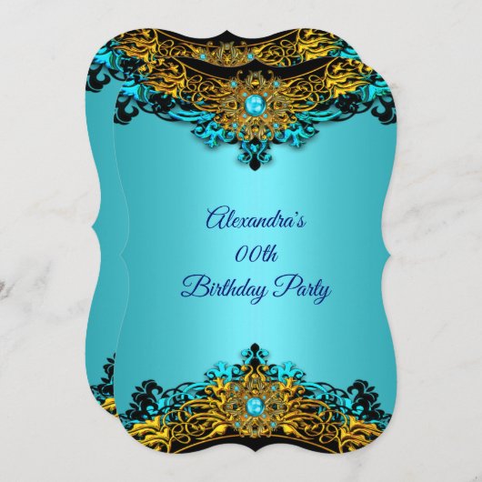 エリートティール（緑がかった色）ブルーパール金ゴールドブラックバースデーパーティー 招待状 (正面/裏面)