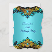 エリートティール（緑がかった色）ブルーパール金ゴールドブラックバースデーパーティー 招待状 (正面)