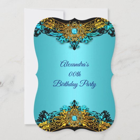 エリートティール(緑がかった色)ブルーパール金ゴールドブラックバースデーパーティー 招待状 (正面)