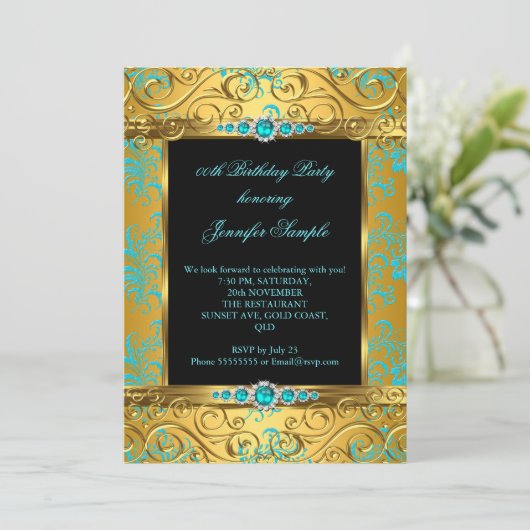 エリートティール（緑がかった色）ブルー金ゴールドダマスクパールバースデーパーティー4 招待状 (スタンド正面)