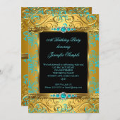 エリートティール（緑がかった色）ブルー金ゴールドダマスクパールバースデーパーティー4 招待状 (正面/裏面)