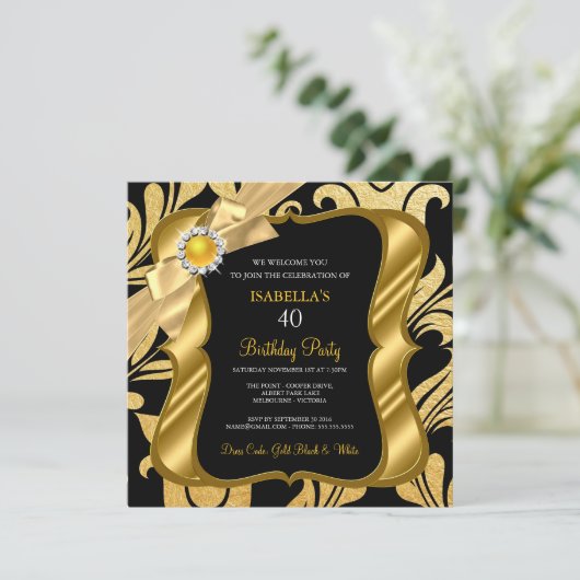 エリートパール金ゴールドボウブラックダマスク誕生日招待状 招待状 (スタンド正面)