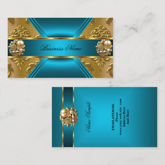 エリートビジネスティール（緑がかった色）ブルー金ゴールドダマスクジュエル 名刺 (正面/裏面)