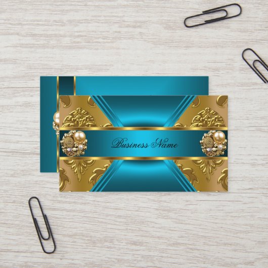 エリートビジネスティール（緑がかった色）ブルー金ゴールドダマスクジュエル 名刺 (正面/裏面インサイチュ)