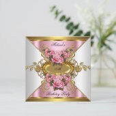 エリートピンクローゼスホワイト金ゴールド誕生日パーティー 招待状 (スタンド正面)