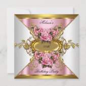 エリートピンクローゼスホワイト金ゴールド誕生日パーティー 招待状 (正面)