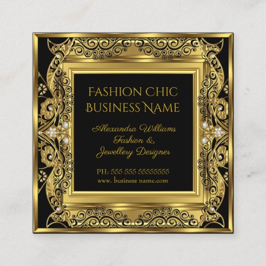 エリートファッションジュエリーデザイナーブラック金ゴールド宝石 スクエア名刺 (正面)