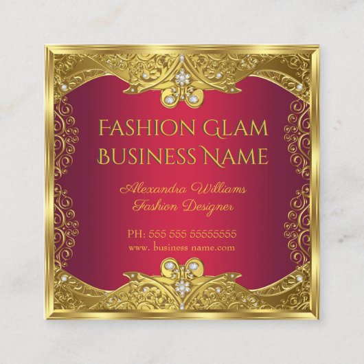 エリートファッションデザイナーレッド金ゴールド スクエア名刺 (正面)