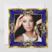 エリートブルー王室の金ゴールドパール写真30歳の誕生日 招待状 (裏面)